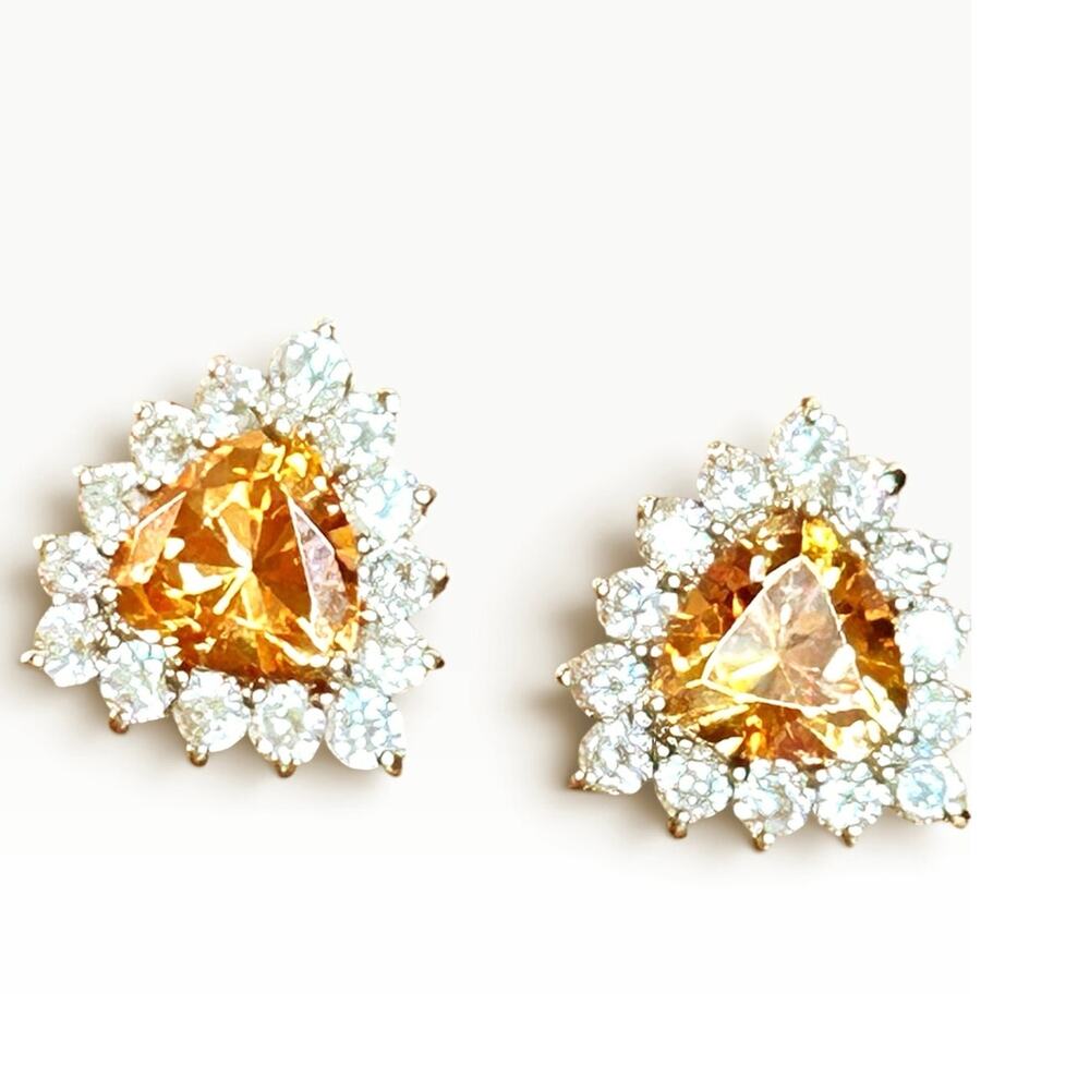 925 Sterling Silver Trillion Cut Amber Orange CZ Halo Cluster Stud Earrings